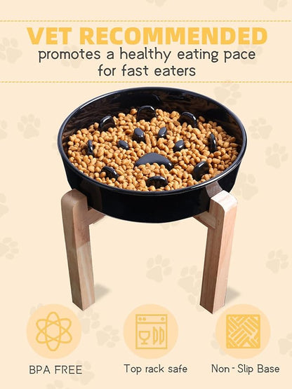 Dog Slow Feeder Bowl with Stand, Round Ceramic Pet Food Bowl for Medium Breed, Fun Raised Dog Bowls to Slow Down Eating (Black)