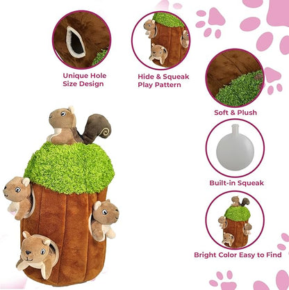 Glow Pups Squirrel in Tree Hide and Seek Plush Squirrel Inside Trunk Interactive Burrow Dog Toy for Small and Medium Size Dogs, Tree with Squirrels