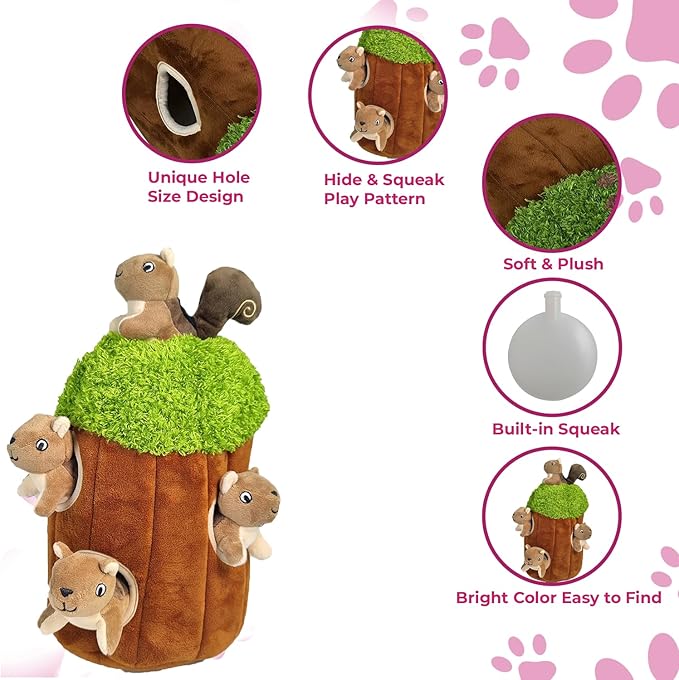 Glow Pups Squirrel in Tree Hide and Seek Plush Squirrel Inside Trunk Interactive Burrow Dog Toy for Small and Medium Size Dogs, Tree with Squirrels