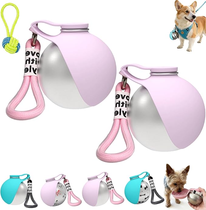 Foldable Pet Water Bottle for Travel, 2 in 1 Portable Dog Water Bottle, 304 Stainless Steel Compact Dog Drinking Bottles Leak Proof & Silicone Bowl for Walking Hiking (2PCS,B)