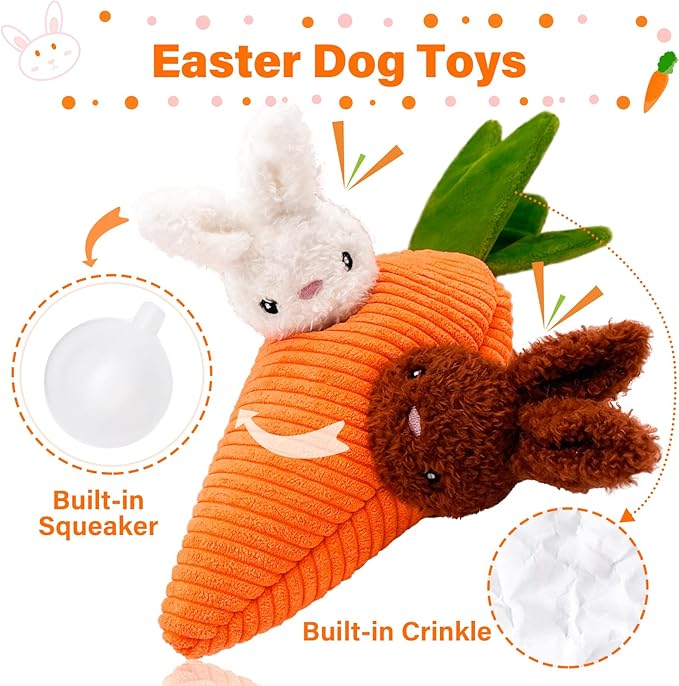 Easter Dog Toys, Carrot Hide and Seek with 2 Squeaky Bunny Small and Plush Dog Puzzle Toys, Easter Squeaky Gifts for Small and Medium Dogs