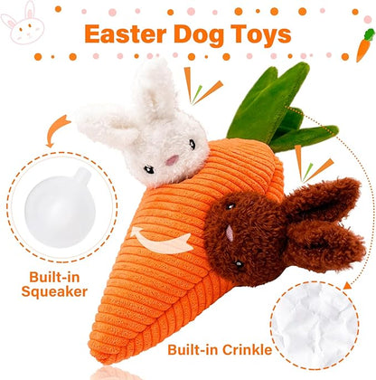 Easter Dog Toys, Carrot Hide and Seek with 2 Squeaky Bunny Small and Plush Dog Puzzle Toys, Easter Squeaky Gifts for Small and Medium Dogs