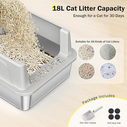 Stainless Steel Cat Litter Box with Lid, High-Sided Metal Litter Pan for Small Cats, Kitty Litter Box, Non-Stick & Odor-Resistant, Anti-Urine Leakage, Easy to Clean, Scoop Included