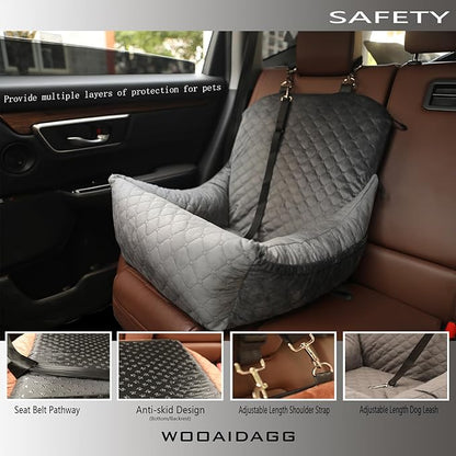 WOOAIDAGG Dog Car Seat,Fully Detachable and Washable Cover,Easy to Assemble,Comfy Cushion Fill in Memory Foam,2 Clip-On Safety Leashes and Storage Pockets (Grey)