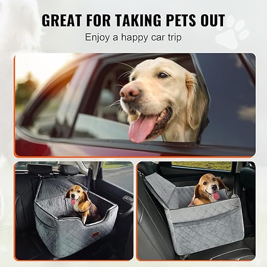 VEVOR Dog Car Seat, Dog Booster Seat for Car with A Storage Pocket, Pet Seat with Clip-On Safety Leash, Sponge Filling, Bed for Medium & Large Dogs up to 55 lbs, Gray