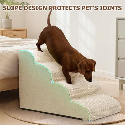 Dog Steps for Bed and Couch,4-Step Dog Stairs and Ramp for Small Dogs & Cats,Indoor Anti-Slip Pet Stairs for Old Cats and Puppy,Beige