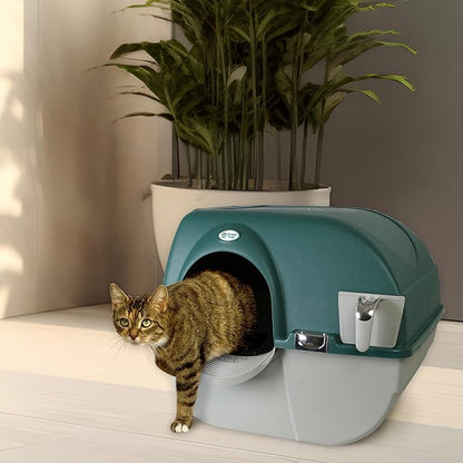 Omega Paw VMRA20-1-PR Premium Roll 'N Clean Large Self Cleaning Litter Box with Integrated Litter Step and Unique Sifting Grill, Forest Green