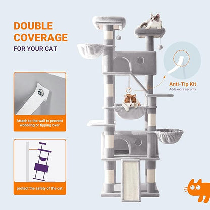 Allewie 81 Inches Tall Cat Tree/Multi-Level Large Climbing Tree House and Towers for Big Feline/Condo and Hammock/Scratching Post/Wide Base/Grey