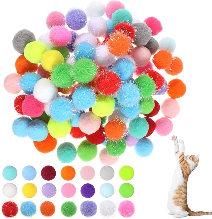 100 Pcs Cat Toy Balls 1'' Colorful Cat Pom Pom Balls 2 Style Soft Interactive Kitten Ball Cats Sparkle Fuzzy Ball Fuzzy Kitten Exercise Playing Quiet Toy for Exercise Entertainment