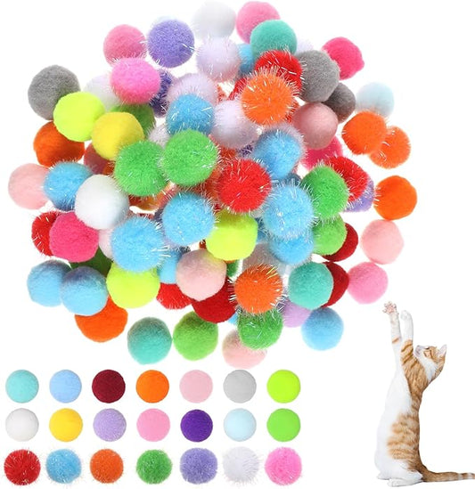 100 Pcs Cat Toy Balls 1'' Colorful Cat Pom Pom Balls 2 Style Soft Interactive Kitten Ball Cats Sparkle Fuzzy Ball Fuzzy Kitten Exercise Playing Quiet Toy for Exercise Entertainment