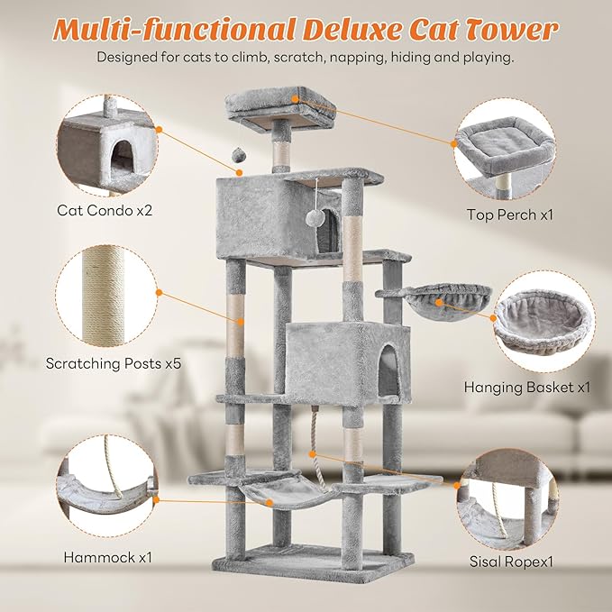 DUMOS Large 66 Inch Cat Tree Tower, Tall Multi Level Cat Climbing Tower with Natural Sisal Scratching Posts, Hammock, Pet Condo for Indoor Cats and Kittens Play, Grey
