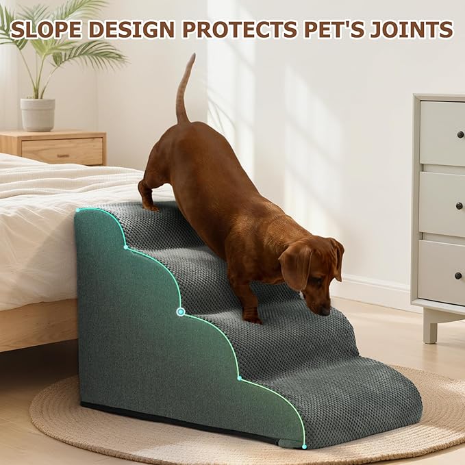Dog Steps for Bed and Couch,4-Step Dog Stairs and Ramp for Small Dogs & Cats,Indoor Anti-Slip Pet Stairs for Old Cats and Puppy,Grey