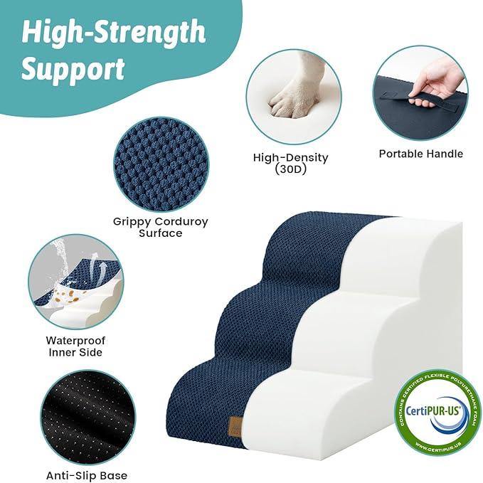Wide Dog Stairs for Small Dog 15.7" H, Pet Step for Puppy, Older Cat, Curved Ramp for Couch, Durable Anti-Slip Ladder with High Density Foam, 3 Step, 17.7x22.4x15.7 inch, Navy Blue