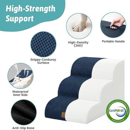 Wide Dog Stairs for Small Dog 15.7" H, Pet Step for Puppy, Older Cat, Curved Ramp for Couch, Durable Anti-Slip Ladder with High Density Foam, 3 Step, 17.7x22.4x15.7 inch, Navy Blue