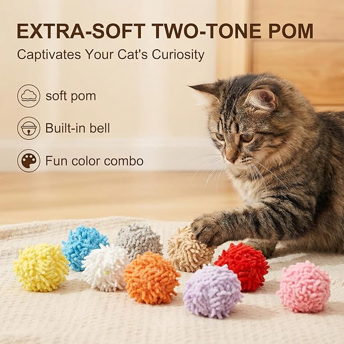 10 Pcs Pom Pom Balls for Cats,Multi-Colored Soft Fuzzy Balls for Cats,Cat Fuzzy Ball with Bell,for Feline's Body and Brain Workout and Indoor Kitten
