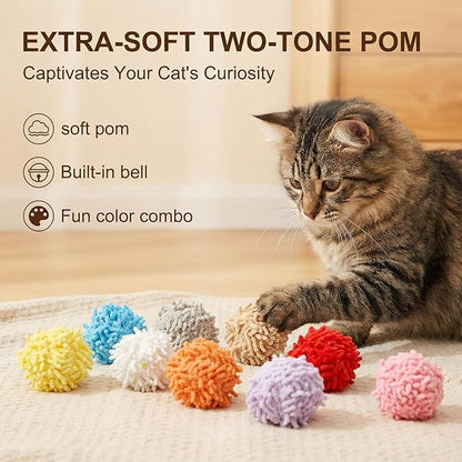 10 Pcs Pom Pom Balls for Cats,Multi-Colored Soft Fuzzy Balls for Cats,Cat Fuzzy Ball with Bell,for Feline's Body and Brain Workout and Indoor Kitten