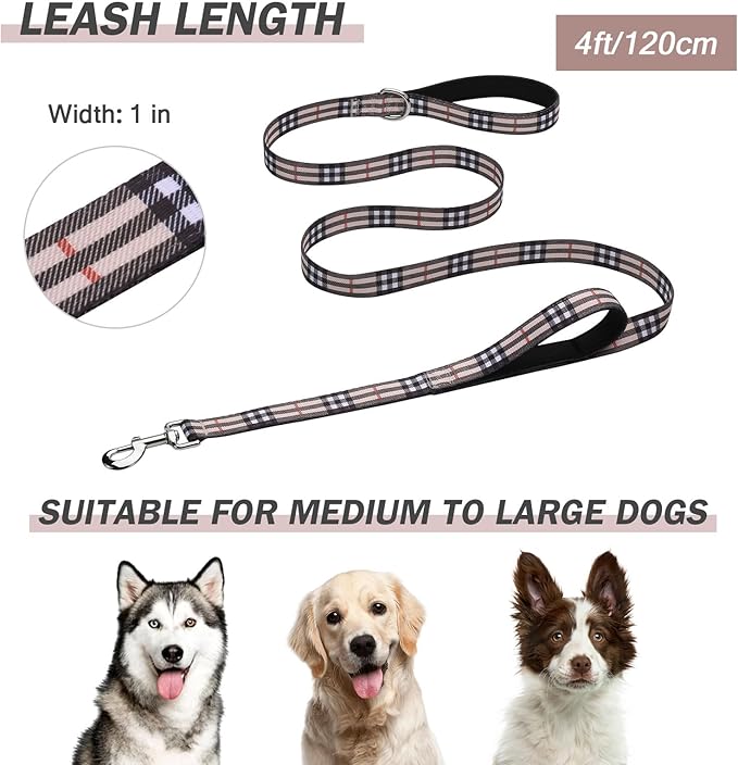 Hikiko 4 Foot Cute Girl Double Handle Dog Leash Padded Traffic Handles for Walking Training (Beige Plaid, 4ft)