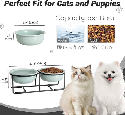 Ceramic Elevated Dog Bowl Set - Double Dog Food and Water Bowls with Metal Stand - Raised Pet Dishes for Puppies and Cats - 1 Cup - 13.5 fl oz - Green