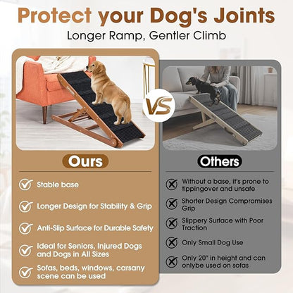 Dog Ramp for Bed - Foldable Small to Large Dog Ramp for Couch - 6 Adjustable Height from 12" to 24" - Stairs with High Traction Mat - Wooden Ramp for Dogs to Get on Bed Couch Car Up to 200LBS（Walnut）