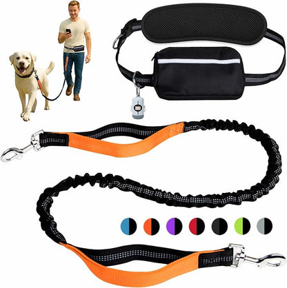 Hands-Free Dog Leash for Dogs up to 130 lbs – Heavy-Duty, Shock-Absorbing Bungee Leash with Zipper Pouch, Dual Padded Handles & Adjustable Waist Belt for Running & Walking – Bright Orange
