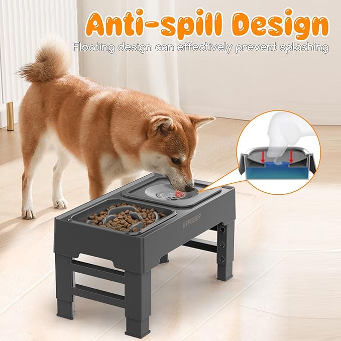 URPOWER 2-in-1 Elevated Slow Feeder Dog Bowls with No-Spill Water Bowl, 4 Height-Adjustable Raised Dog Bowls, Non-Slip Food and Water Bowls with Stand for Small, Medium, Large Dogs, Cats and Pets