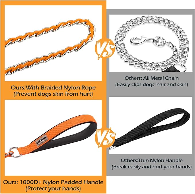 Chain Dog Leash Chew Proof Metal Leash for Medium Large Dogs, Chain Link Dog Anti Chew 5.2FT / 4FT Strong Anti Bite Comfortable Soft Padded Handle (Orange, 5FT(30-80lb)