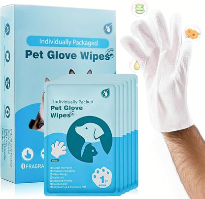 Pet Grooming Glove Wipes for Dogs&Cats, Extra Thick Rinse Free Cleaning Gloves with Aloe&Glycerin, Hypoallergenic Deodorizing Bathing Wipes for Daily Care, Travel, Portable, Unscented, 6pc