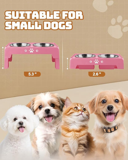 Elevated Dog Bowls for Small Dogs and Cats, Non-Slip Cat Bowls with 2 Thick 5.5" Stainless Steel Dishes, Dog Feeder 2 Heights Adjustable to 2.6"-5.3"