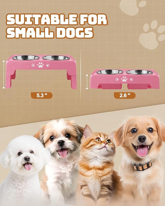Elevated Dog Bowls for Small Dogs and Cats, Non-Slip Cat Bowls with 2 Thick 5.5" Stainless Steel Dishes, Dog Feeder 2 Heights Adjustable to 2.6"-5.3"