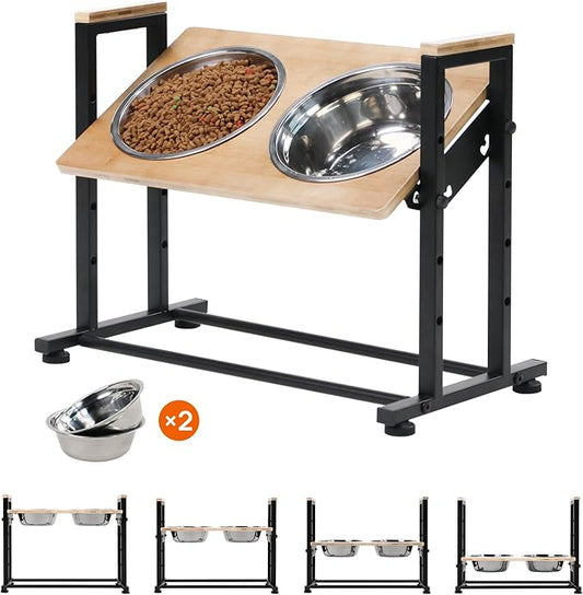 Adjustable Height Pet Feeder Stand with 2 Dishwasher-Safe Stainless Steel Bowls – Brown Wood Top & Black Metal Frame Elevated Food/Water Station for Dogs/Cats Under 100LBS