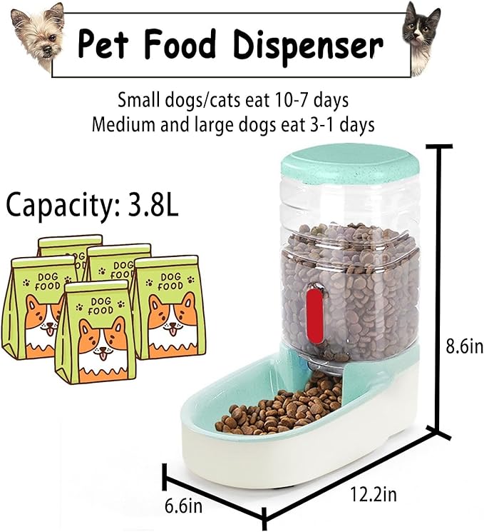 kathson Automatic Cat Feeder 1 Gallon Gravity Dog Food Dispenser Large Capacity Self Feeding Pet Food Bowl Station for Puppy Kitten Rabbit Green