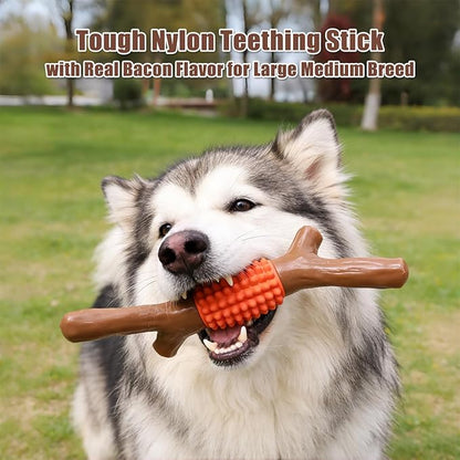 SCHITEC Dog Chew Toy for Aggressive Chewers, Tough Big Nylon & Rubber Teething Stick with Real Maple Wood Flavor for Large Medium Breed