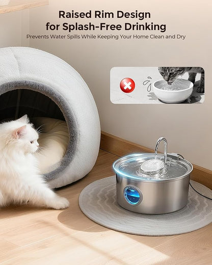 Cat Water Fountain Stainless Steel, 3.2L/108oz Pet Drinking Fountain for Cats Dogs, Automatic Cat Fountain with 2 Flow Modes, Splash-Proof Bowl, Includes 6 Replacement Filters