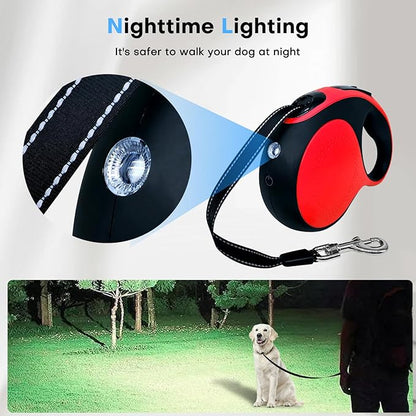 Retractable Dog Leash with chew-Proof Cord and LED Flashlight, 16-ft Heavy-Duty Dog Leash, Suitable for Small/Medium Dogs Weighing up to 110 pounds, Reflective Rope, 360° Anti-tangling.(Red+16Ft+LED)