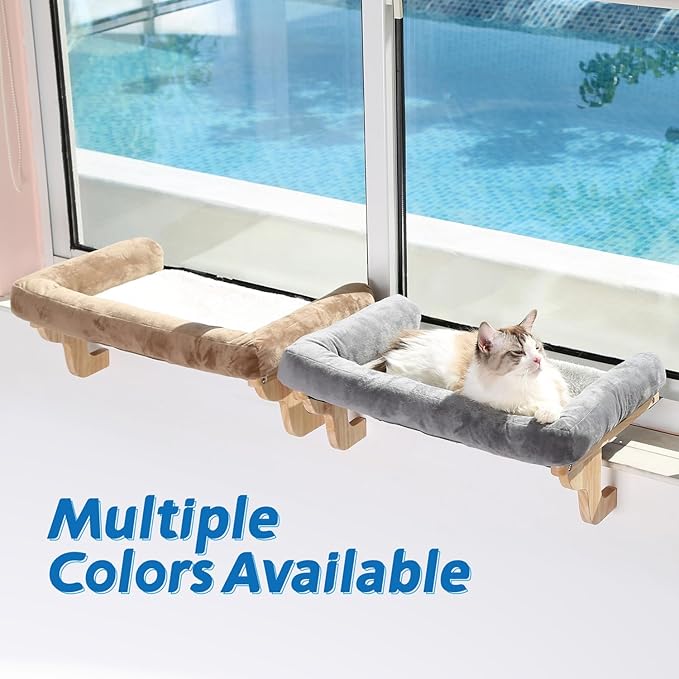 Zakkart Cat Perch for Window Sill with Bolster - Orthopedic Hammock Design with Premium Hardwood & Robust Metal Frame - Cat Window Seat for Large Cats - Natural Color Wood Gray Bed, 26.4''W