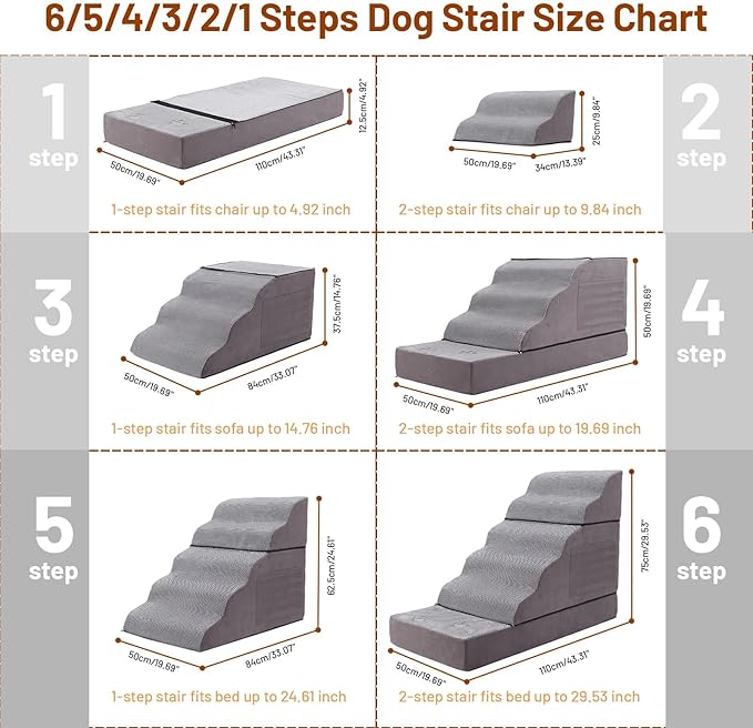 Large Dog Stairs – Extra Large Dog Steps for Bed, Couch & Car, 6-Step Pet Steps for Puppies & Senior Dogs, Pet Stairs with Washable Cover, Side Pockets, Non-Slip Bottom, 43.3" L x 19.7" W Grey