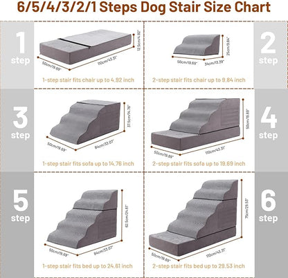 Large Dog Stairs – Extra Large Dog Steps for Bed, Couch & Car, 6-Step Pet Steps for Puppies & Senior Dogs, Pet Stairs with Washable Cover, Side Pockets, Non-Slip Bottom, 43.3" L x 19.7" W Grey