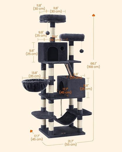 Feandrea Cat Tree, 66.1-Inch Large Cat Tower, Multi-Level Plush Condo with 13 Scratching Posts, 2 Perches, 2 Caves, Basket, Hammock, Pompoms, Smoky Gray UPCT165G01