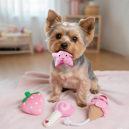 Small Dog Toys, 4 Pack Pink Dog Squeak Toys, Puppy Toys for Small Dogs, Durable Plush Dog Toy Set, Soft Dog Chew Toys for Puppies & Small Dogs, Dog Stuffed Toys Gift Pack