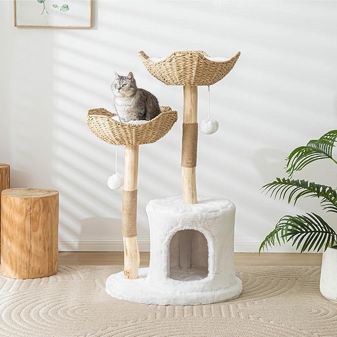 Modern Cat Tree for Indoor Cats Large Adult, 46.5" Tall Wooden Cat Tower for Large Cats with Scratching Post, Luxury Cat Condo, White