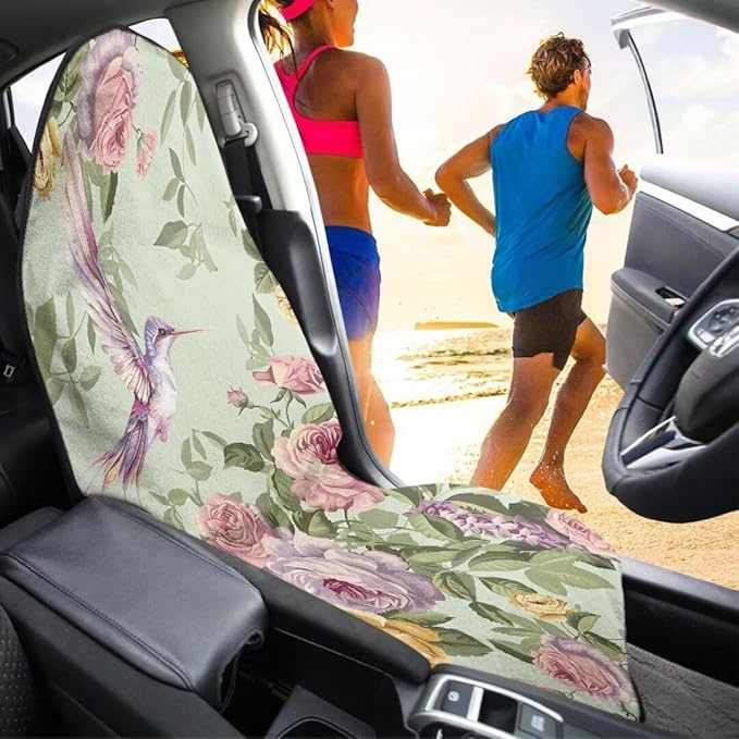 Coldinair Vintage Floral Waterproof Towel Car Seat Covers,Hummingbird Beach Sweat Car Seat Protector Front Seats Only Universal Fit for Trucks