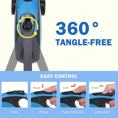 SCENEREAL Retractable Dog Leash for Small Medium Large Dogs up to 110lbs, 26ft 360° Tangle-Free Nylon Tape with Anti-Chewing Wire Rope&Waste Bag Dispenser, Heavy Duty Long Durable One-Handed Brake