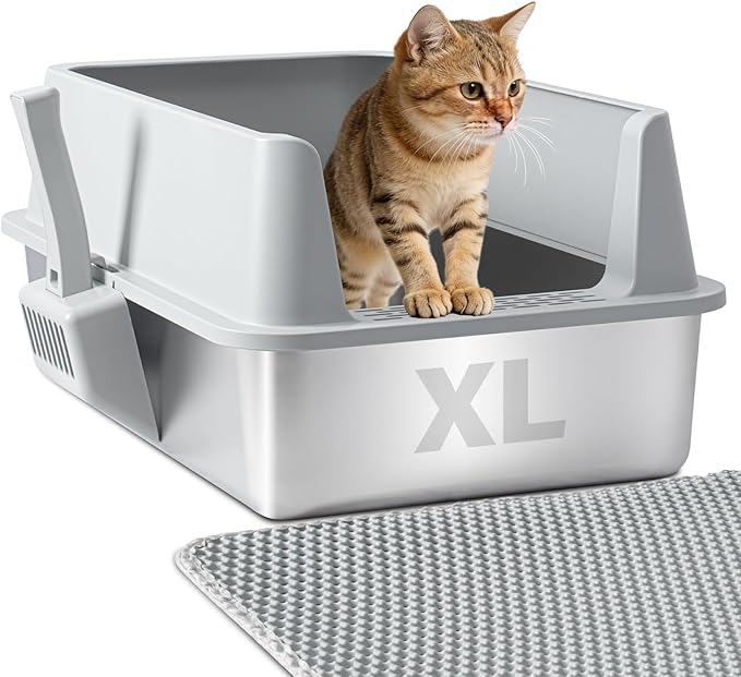 Stainless Steel Litter Box, XL Metal Litter Box with Lid, Extra Large Cat Litter Boxes for Big Cats with High Sides, Easy Cleaning, Non Stick, No Smell, Include Scoop and Mat