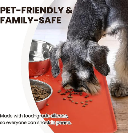 VIVAGLORY Dog Food Mat Flexmat Dog Bowl Mat, Placemat Food Tray with Raised Edges & Lip for Indoor Floor, Non Slip Waterproof Silicone Dish Placemat for Cat & Pet, L, Orange