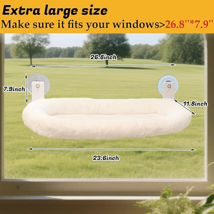 Extra Large Cat Window Perch (23.8×11.8in) - Washable 2-Season Fabric Cover, 4 Strong Suction Cups, Solid Metal Frame - Foldable Cat Hammock for Large Cats/2 Cats, Cordless Design (White)