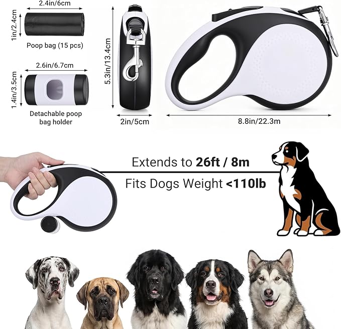 Segarty 26 Ft Walking Leash with Poop Bag Holder for Dogs Weighing 66 lbs - 110 lbs, 8m Retractable Heavy-Duty Leash 360°Tangle-Free with Anti-Slip Handle One-Handed Brake Pause Lock for Pet Outside