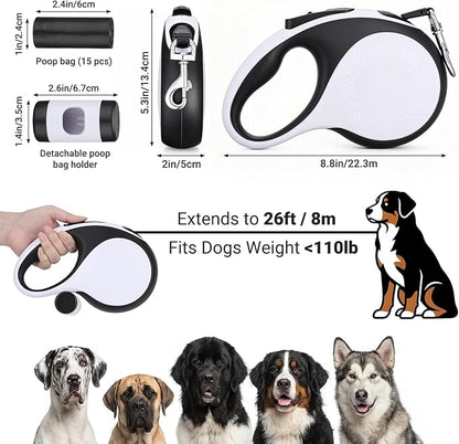 Segarty 26 Ft Walking Leash with Poop Bag Holder for Dogs Weighing 66 lbs - 110 lbs, 8m Retractable Heavy-Duty Leash 360°Tangle-Free with Anti-Slip Handle One-Handed Brake Pause Lock for Pet Outside