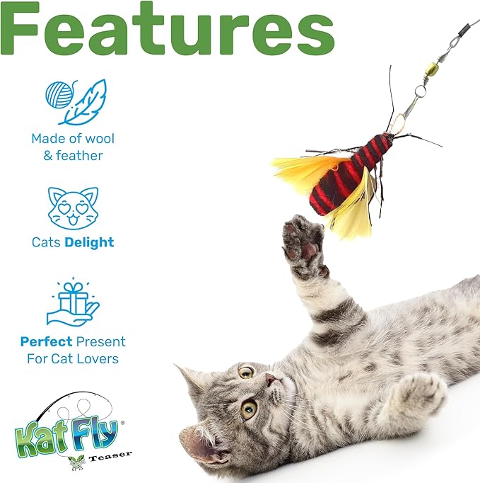 2 Inch Handmade Cat Toy Teaser Wand Refill Bees - 3 Pack Green, Red, and Yellow Natural Material Toys, Hunting Instinct Play, Interactive Exercise Attachment Set for Indoor Cats
