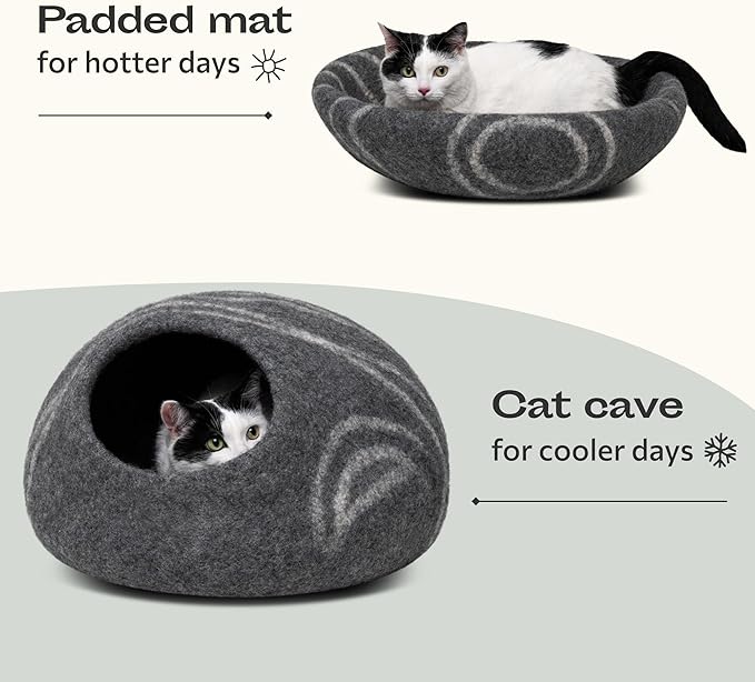 MEOWFIA Cat Cave – Premium Felt Cat Bed for Indoor Cats, Handmade Merino Wool (Dark Grey, Medium)