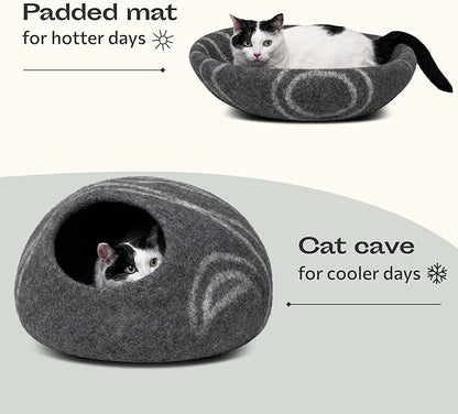 MEOWFIA Cat Cave – Premium Felt Cat Bed for Indoor Cats, Handmade Merino Wool (Dark Grey, Medium)